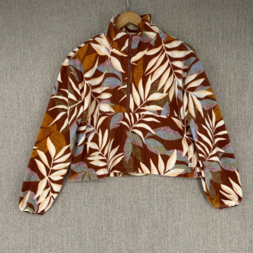 Billabong Casual Fling Fleece Pullover XS Brown Leaf Print Half Zip Cropped